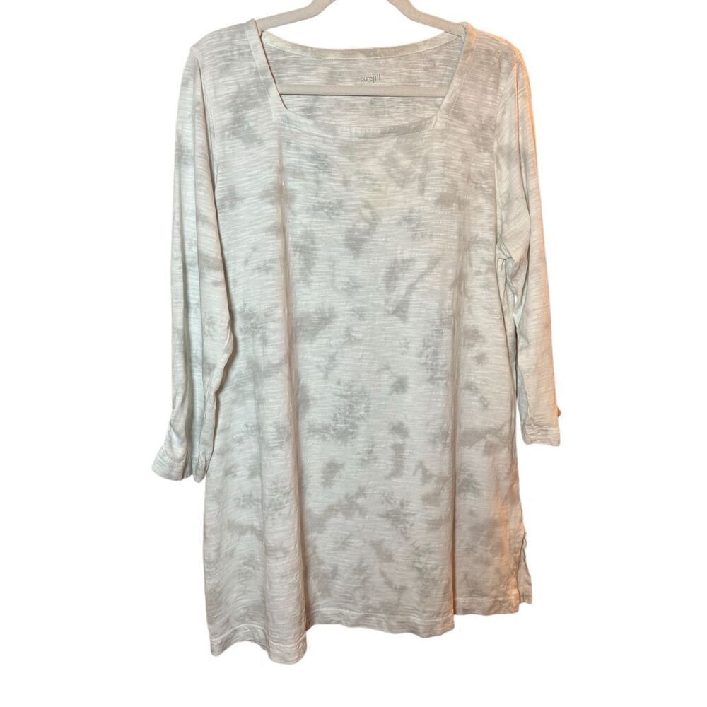 Pure Jill Square Neck Tunic Grey Cream Lagenlook Sz L Tall‎